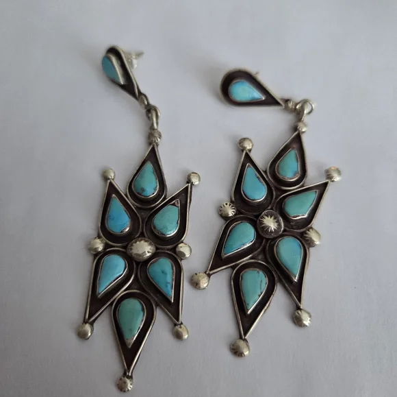 Vintage Signed Turquoise Silver Dangle Earrings - Picture 3 of 5